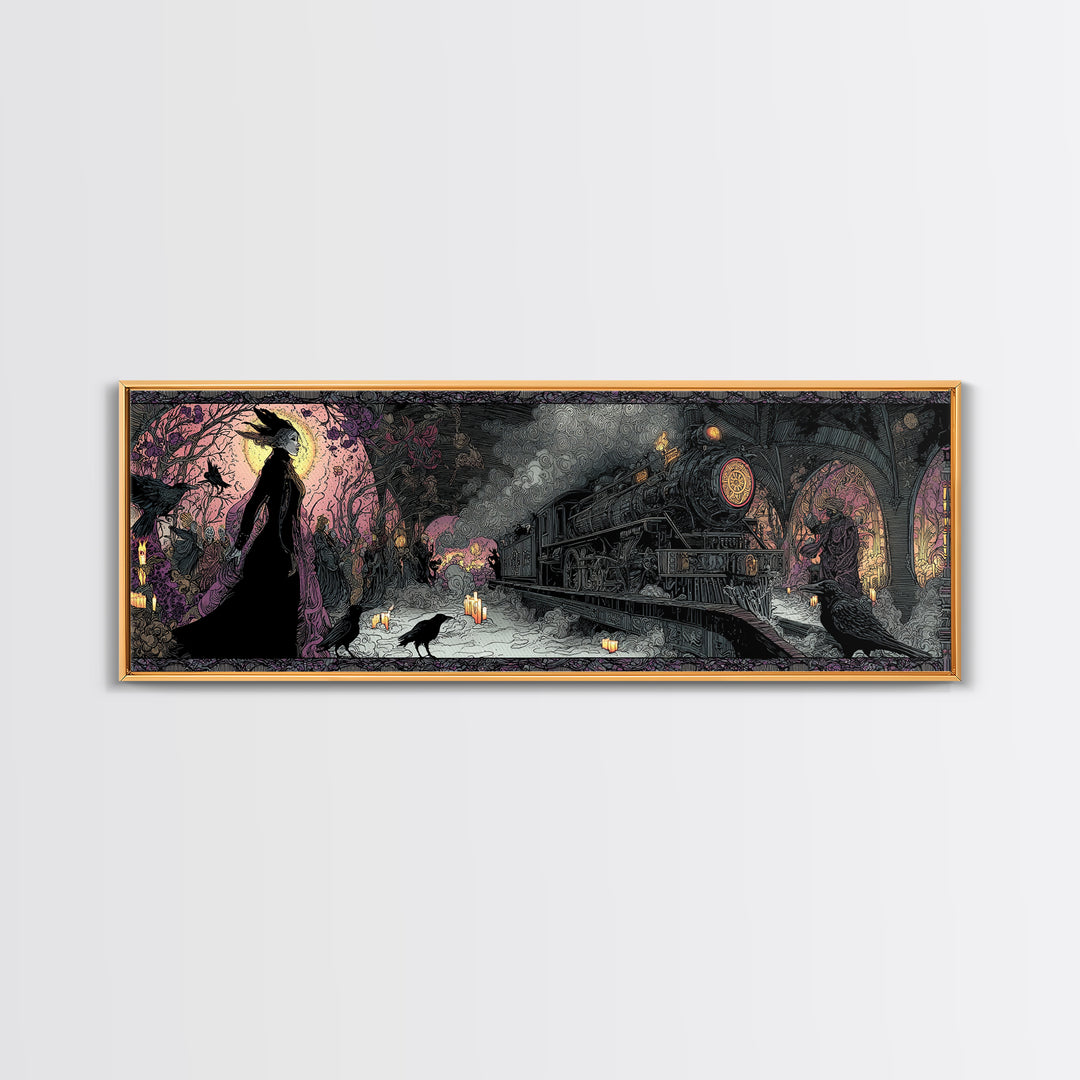 The Abandoned Train Station, Stained Glass Gothic Art, Extra Wide Wall Art, Dark Fantasy Wall Art, Canvas Print, Halloween Wall Art