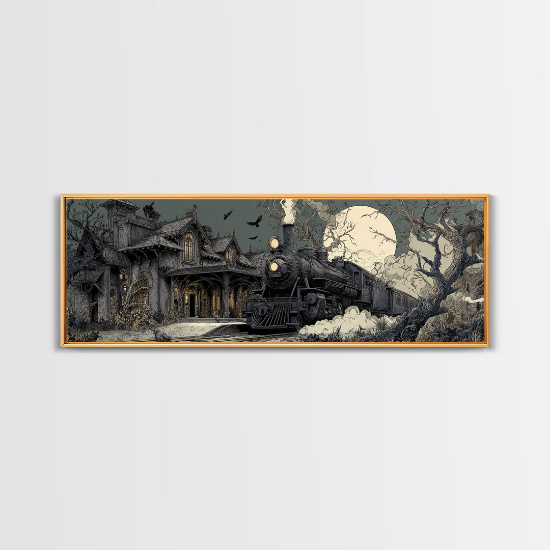 The Abandoned Train Station, Victorian Macabre Art, Extra Wide Wall Art, Dark Halloween Decor, Framed Canvas Print, Halloween Wall Art