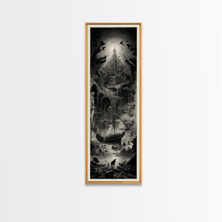 The Shipwreck Cove, Gothic Engraving Art, Tall Narrow Wall Art, Dark Fantasy Wall Art, Canvas Print, Halloween Wall Art