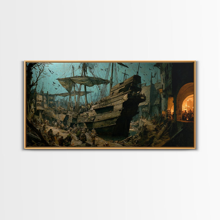 The Shipwreck Cove, Northern Renaissance Horror, Wide Panoramic Art, Dark Halloween Decor, Canvas Print, Halloween Wall Art