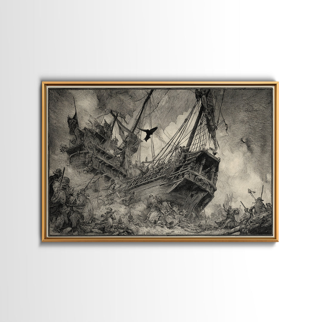 The Shipwreck Cove, Renaissance Engraving Art, Landscape Wall Art, Dark Halloween Decor, Canvas Print, Halloween Wall Art