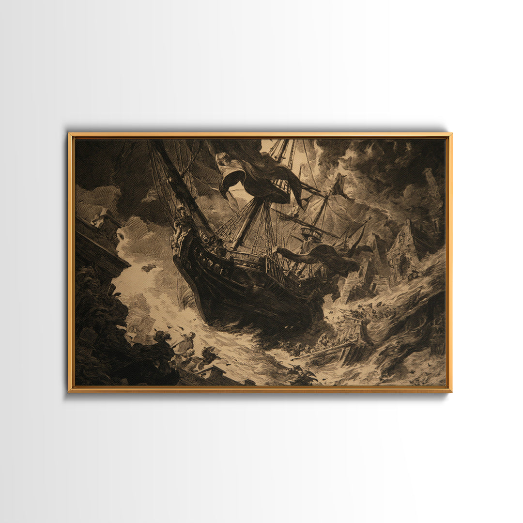 The Shipwreck Cove, Architectural Etching Art, Landscape Wall Art, Dark Halloween Decor, Framed Canvas Print, Macabre Wall Art