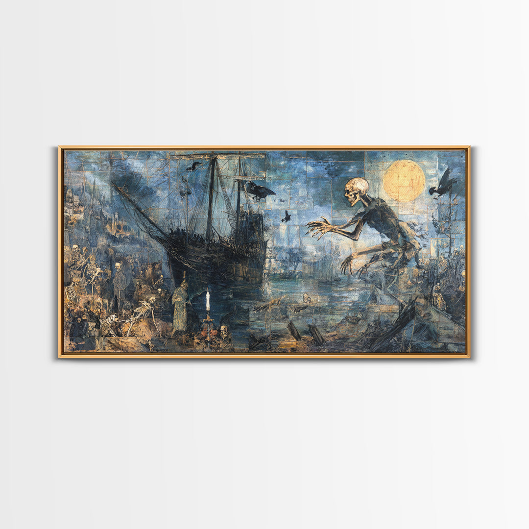 The Shipwreck Cove, Grotesque Carnival Art, Wide Panoramic Art, Dark Fantasy Wall Art, Framed Canvas Print, Halloween Wall Art