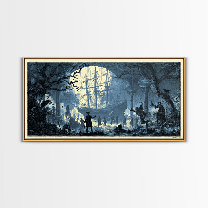 The Shipwreck Cove, Macabre Folk Print Art, Wide Panoramic Art, Macabre Wall Art, Framed Canvas Print, Halloween Wall Art
