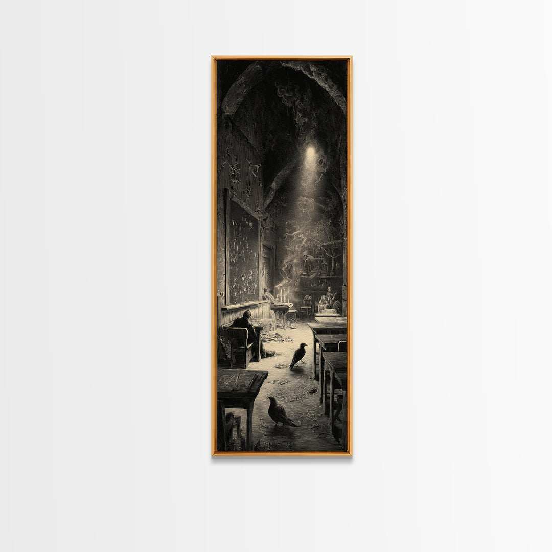The Silent Schoolhouse, Gothic Engraving Art, Tall Narrow Wall Art, Gothic Horror Wall Art, Framed Canvas Print, Halloween Wall Art