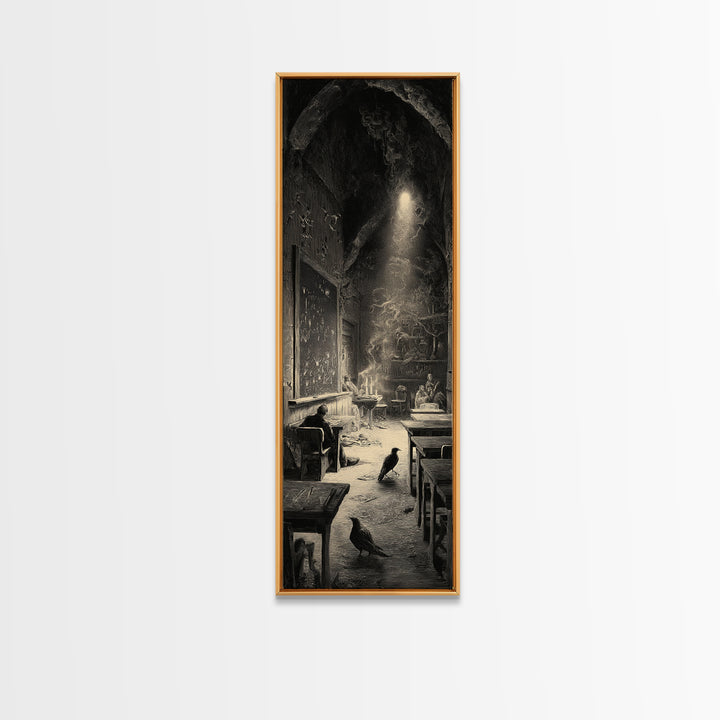 The Silent Schoolhouse, Gothic Engraving Art, Tall Narrow Wall Art, Gothic Horror Wall Art, Framed Canvas Print, Halloween Wall Art