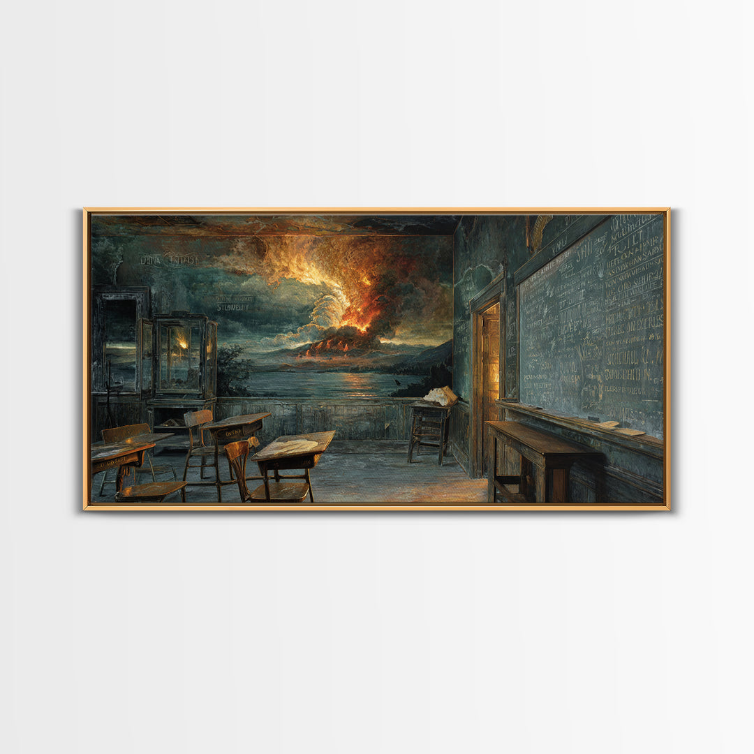 The Silent Schoolhouse, Apocalyptic Romantic Art, Wide Panoramic Art, Dark Halloween Decor, Framed Canvas Print, Halloween Wall Art