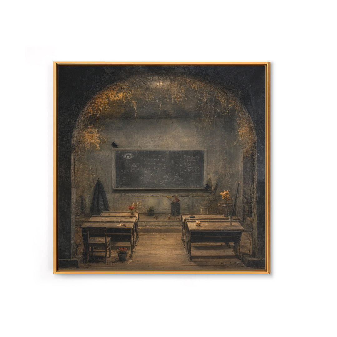 The Silent Schoolhouse, Symbolist Dream Art, Square Wall Art, Dark Halloween Decor, Framed Canvas Print, Halloween Wall Art