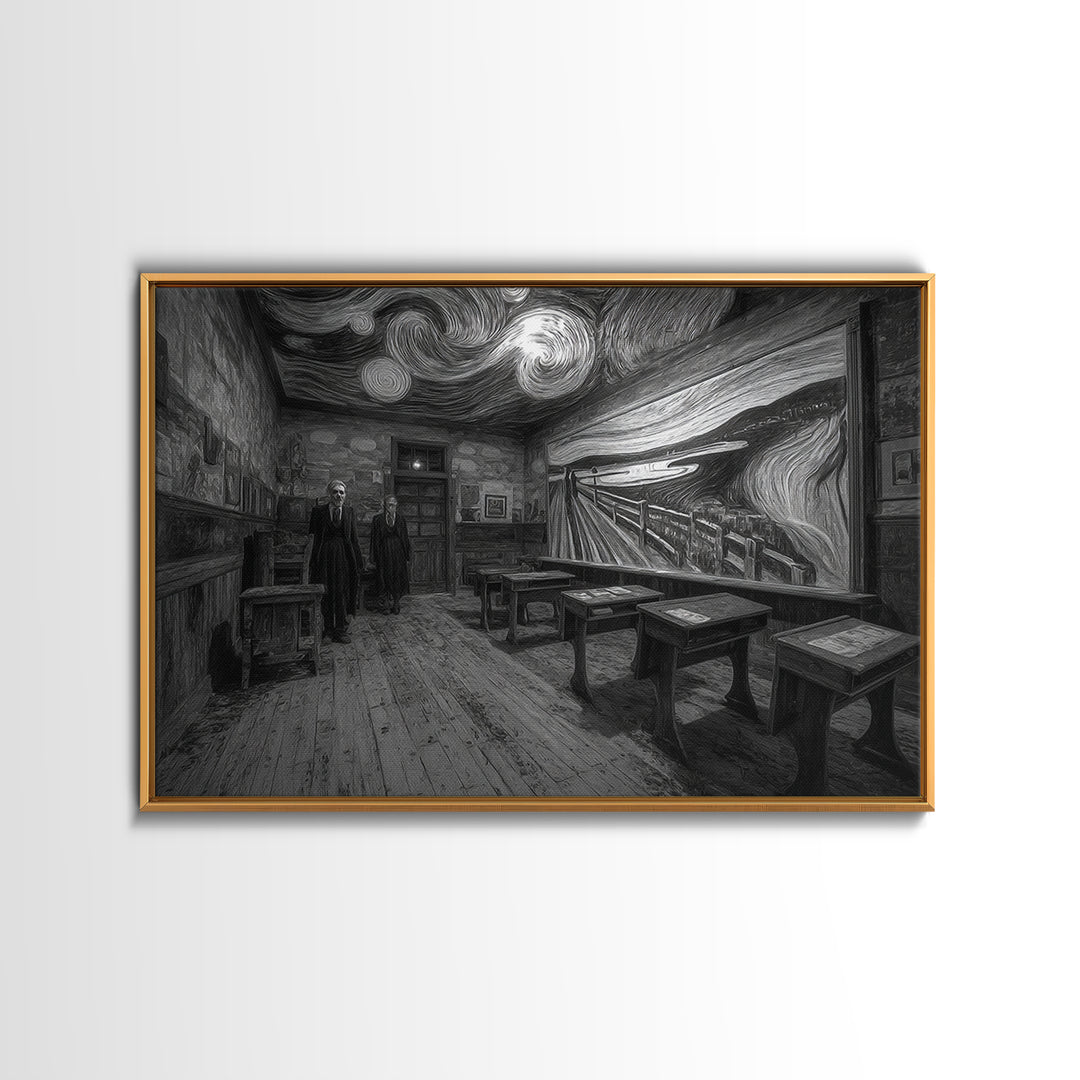 The Silent Schoolhouse, Expressionist Gothic Art, Landscape Wall Art, Dark Halloween Decor, Framed Canvas Print, Halloween Wall Art