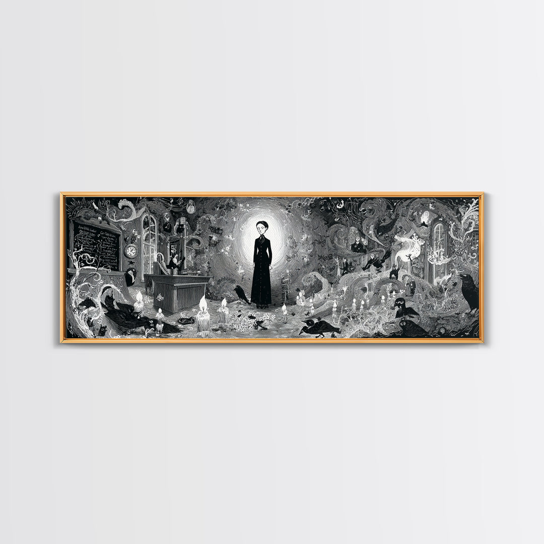 The Silent Schoolhouse, Decadent Line Art, Extra Wide Wall Art, Macabre Wall Art, Canvas Print, Halloween Wall Art