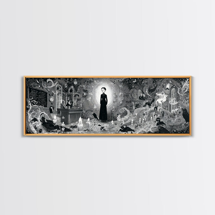 The Silent Schoolhouse, Decadent Line Art, Extra Wide Wall Art, Macabre Wall Art, Canvas Print, Halloween Wall Art