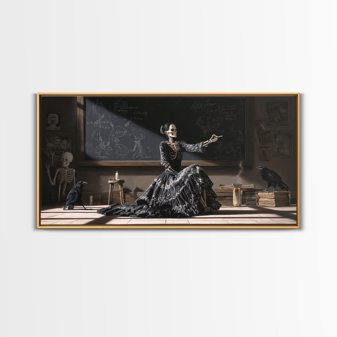 The Silent Schoolhouse, Macabre Folk Print Art, Wide Panoramic Art, Dark Halloween Decor, Framed Canvas Print, Macabre Wall Art
