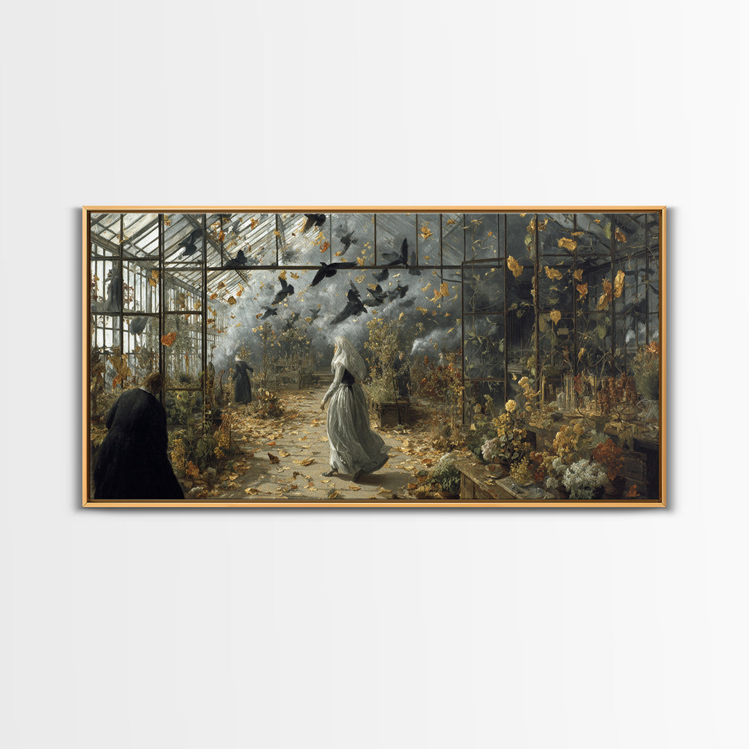 The Cemetery Greenhouse, Northern Renaissance Horror, Wide Panoramic Art, Dark Halloween Decor, Framed Canvas Print