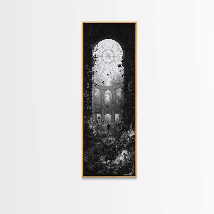 The Cemetery Greenhouse, Architectural Etching Art, Tall Narrow Wall Art, Dark Halloween Decor, Framed Canvas Print