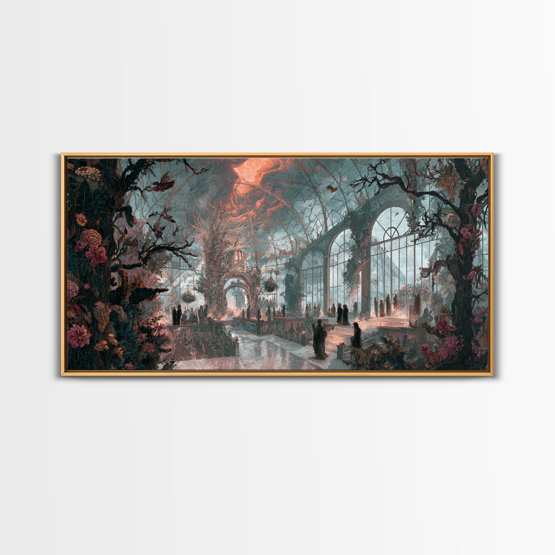 The Cemetery Greenhouse, Apocalyptic Romantic Art, Wide Panoramic Art, Macabre Wall Art, Canvas Print, Halloween Wall Art