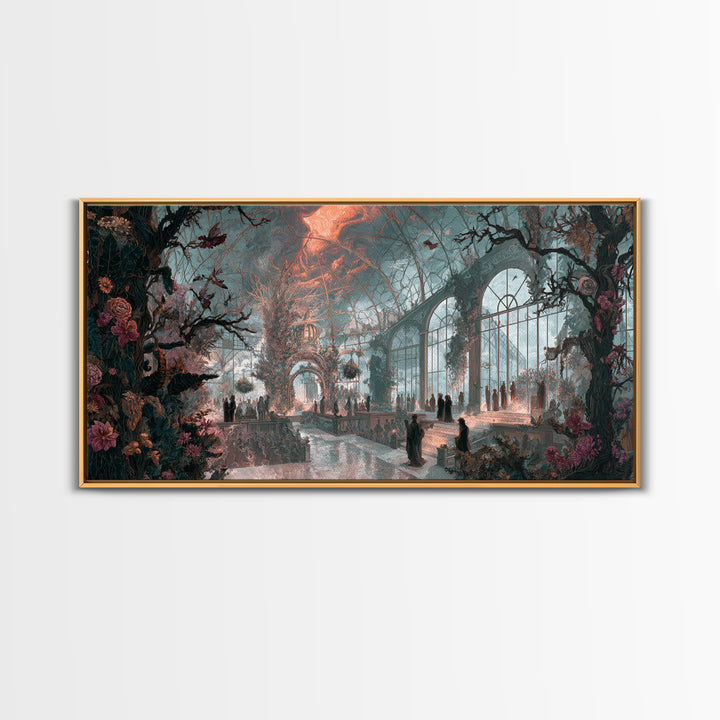 The Cemetery Greenhouse, Apocalyptic Romantic Art, Wide Panoramic Art, Macabre Wall Art, Canvas Print, Halloween Wall Art