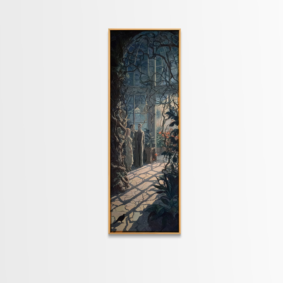 The Cemetery Greenhouse, Dark Symbolist Art, Tall Narrow Wall Art, Dark Halloween Decor, Framed Canvas Print, Halloween Wall Art