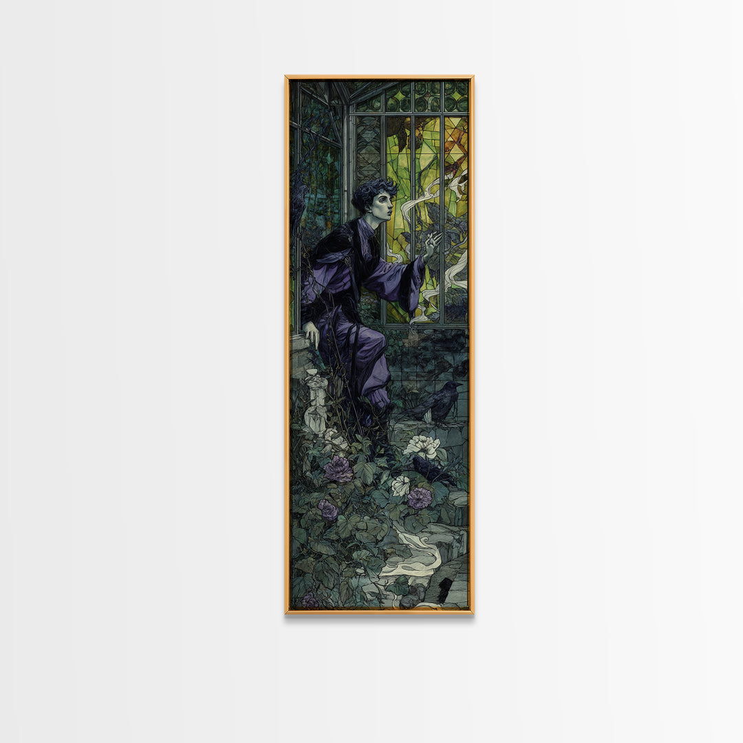 The Cemetery Greenhouse, Stained Glass Gothic Art, Tall Narrow Wall Art, Dark Halloween Decor, Framed Canvas Print, Halloween Wall Art