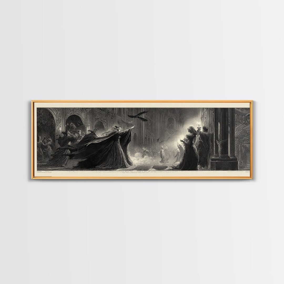 The Midnight Masquerade, Gothic Engraving Art, Extra Wide Wall Art, Dark Fantasy Wall Art, Canvas Print, Halloween Wall Art