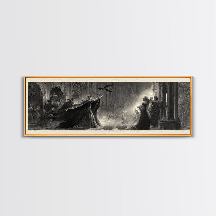 The Midnight Masquerade, Gothic Engraving Art, Extra Wide Wall Art, Dark Fantasy Wall Art, Canvas Print, Halloween Wall Art