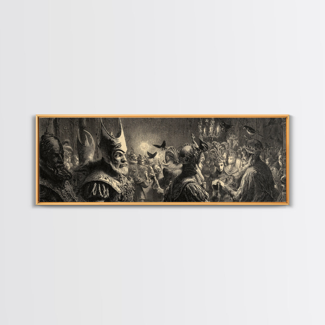 The Midnight Masquerade, Renaissance Engraving Art, Extra Wide Wall Art, Dark Fantasy Wall Art, Framed Canvas Print, Halloween Wall Art