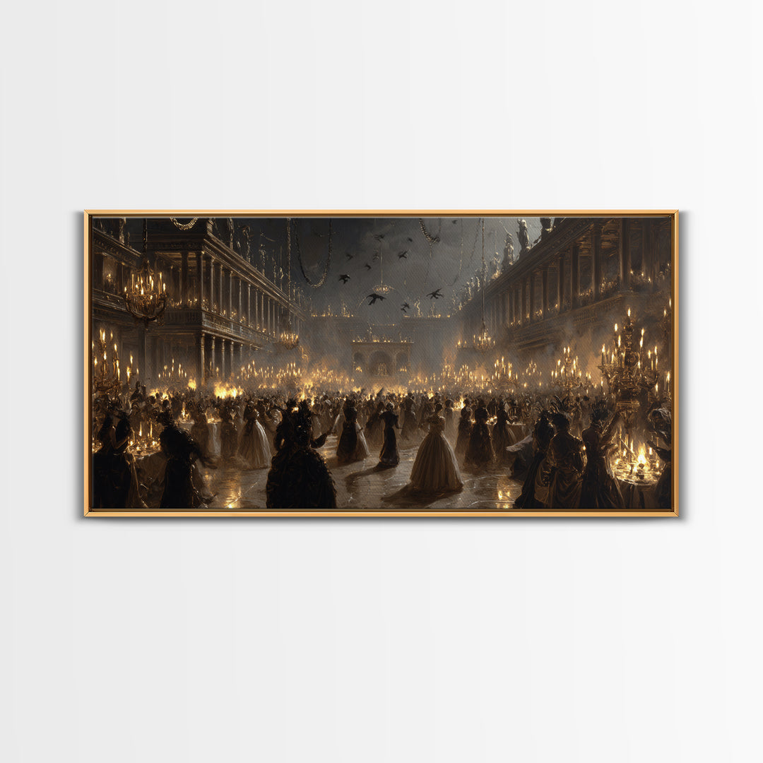 The Midnight Masquerade, Architectural Etching Art, Wide Panoramic Art, Macabre Wall Art, Canvas Print, Halloween Wall Art