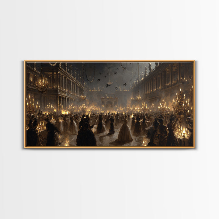 The Midnight Masquerade, Architectural Etching Art, Wide Panoramic Art, Macabre Wall Art, Canvas Print, Halloween Wall Art