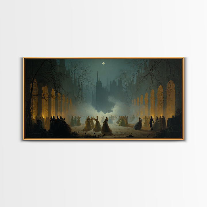 The Midnight Masquerade, Romantic Gothic Landscape, Wide Panoramic Art, Dark Fantasy Wall Art, Canvas Print, Halloween Wall Art