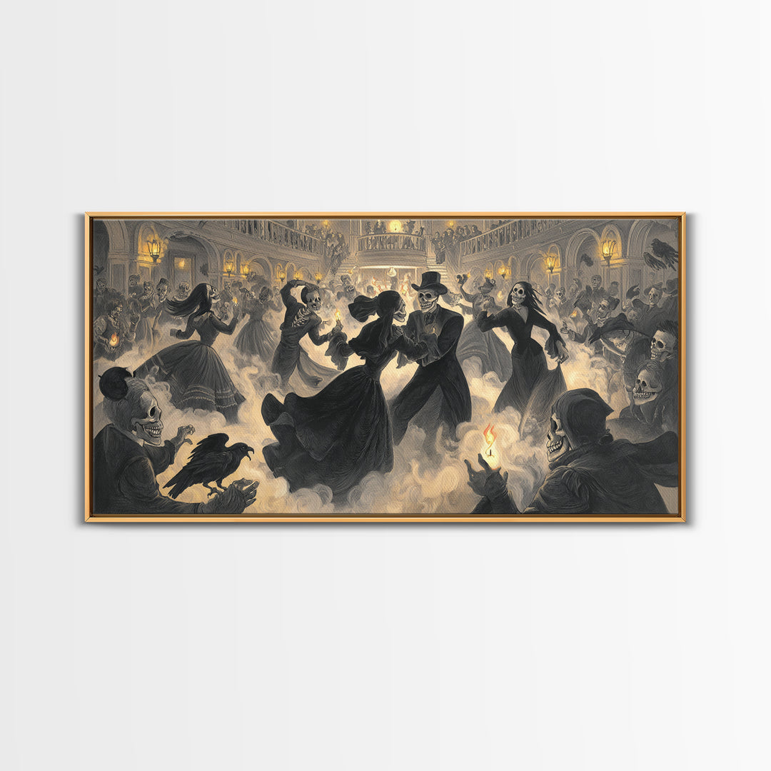 The Midnight Masquerade, Macabre Folk Print Art, Wide Panoramic Art, Gothic Horror Wall Art, Framed Canvas Print