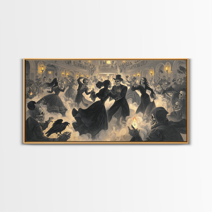 The Midnight Masquerade, Macabre Folk Print Art, Wide Panoramic Art, Gothic Horror Wall Art, Framed Canvas Print