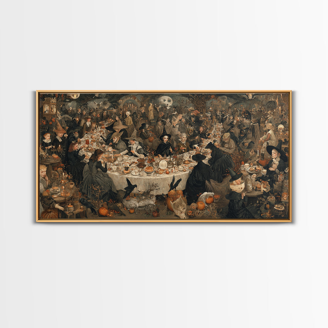 The Witches' Tea Party, Northern Renaissance Horror, Wide Panoramic Art, Gothic Horror Wall Art, Framed Canvas Print