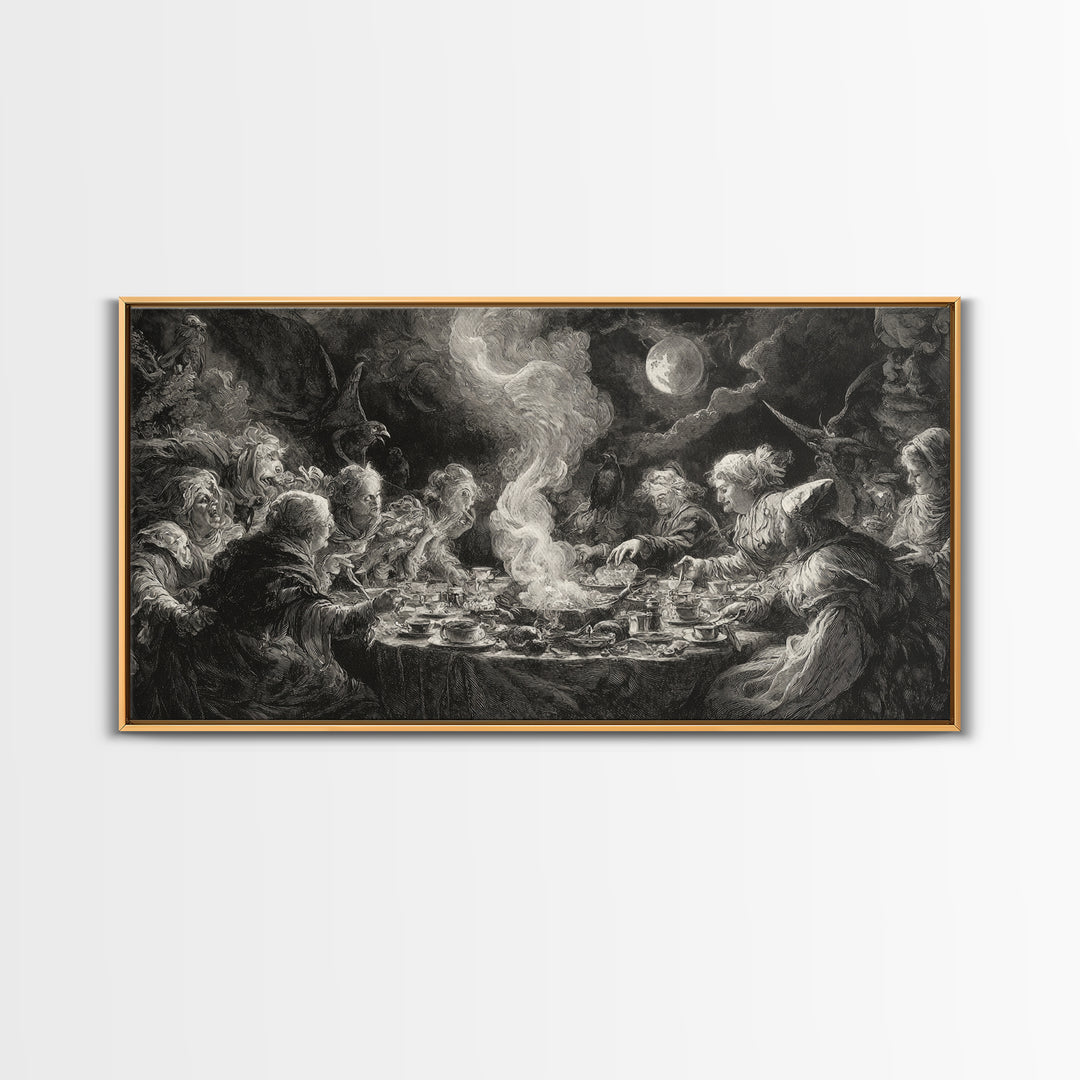 The Witches' Tea Party, Baroque Witchcraft Art, Wide Panoramic Art, Dark Halloween Decor, Canvas Print, Halloween Wall Art