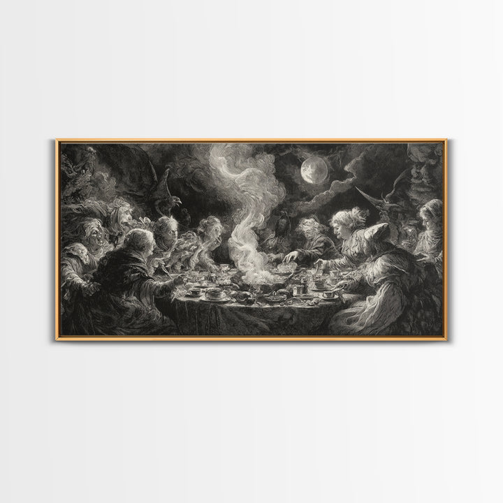 The Witches' Tea Party, Baroque Witchcraft Art, Wide Panoramic Art, Dark Halloween Decor, Canvas Print, Halloween Wall Art