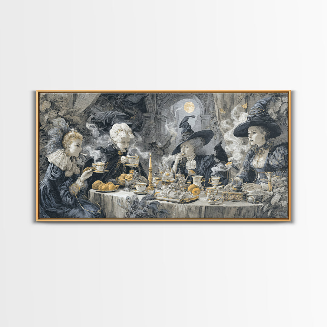 The Witches' Tea Party, Architectural Etching Art, Wide Panoramic Art, Dark Halloween Decor, Canvas Print, Halloween Wall Art