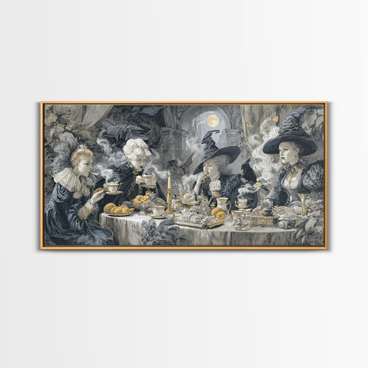 The Witches' Tea Party, Architectural Etching Art, Wide Panoramic Art, Dark Halloween Decor, Canvas Print, Halloween Wall Art
