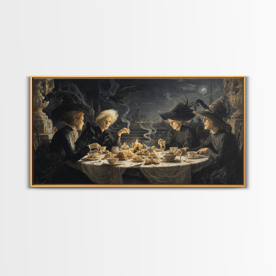 The Witches' Tea Party, Romantic Gothic Landscape, Wide Panoramic Art, Dark Fantasy Wall Art, Framed Canvas Print
