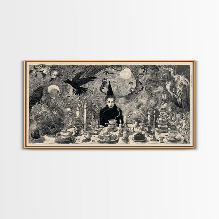 The Witches' Tea Party, Expressionist Nightmare Art, Wide Panoramic Art, Dark Fantasy Wall Art, Canvas Print, Halloween Wall Art
