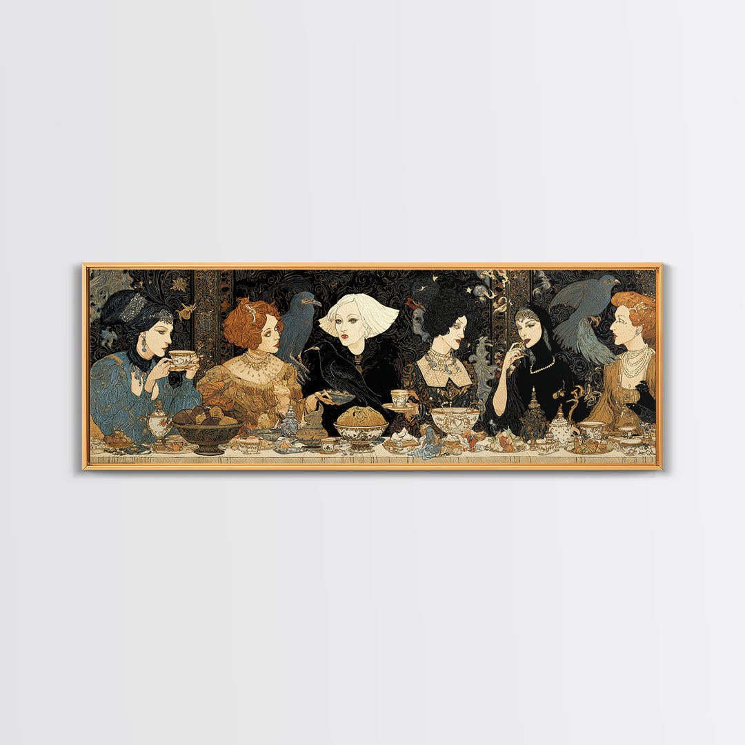 The Witches' Tea Party, Stained Glass Gothic Art, Extra Wide Wall Art, Dark Fantasy Wall Art, Framed Canvas Print, Halloween Wall Art