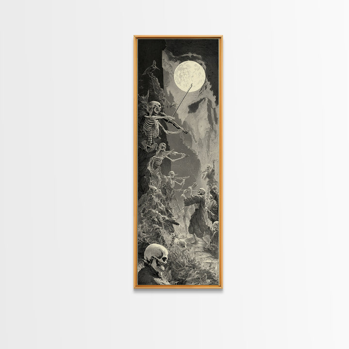 The Skeleton Orchestra, Gothic Engraving Art, Tall Narrow Wall Art, Dark Halloween Decor, Canvas Print, Halloween Wall Art