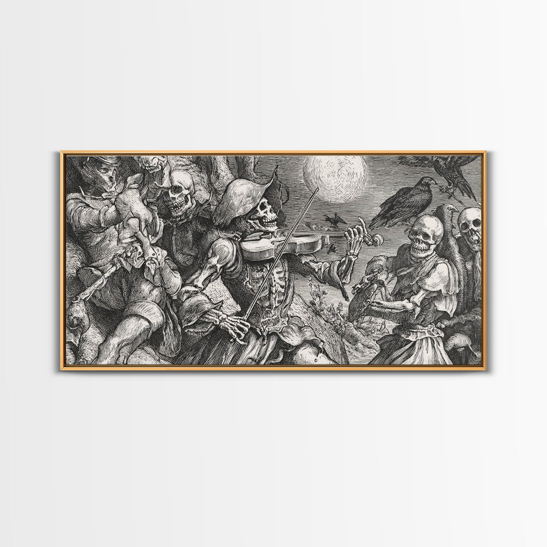 The Skeleton Orchestra, Renaissance Engraving Art, Wide Panoramic Art, Macabre Wall Art, Framed Canvas Print, Halloween Wall Art