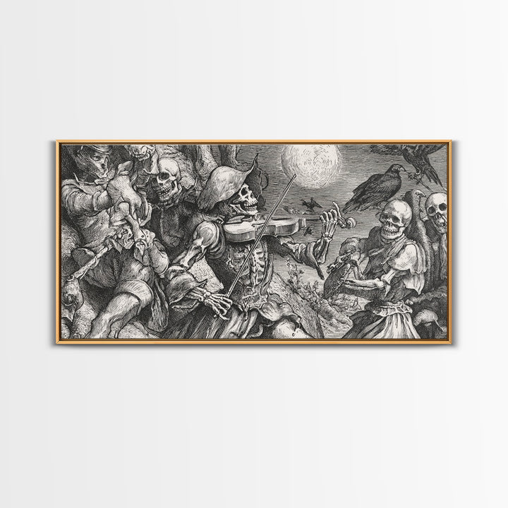 The Skeleton Orchestra, Renaissance Engraving Art, Wide Panoramic Art, Macabre Wall Art, Framed Canvas Print, Halloween Wall Art
