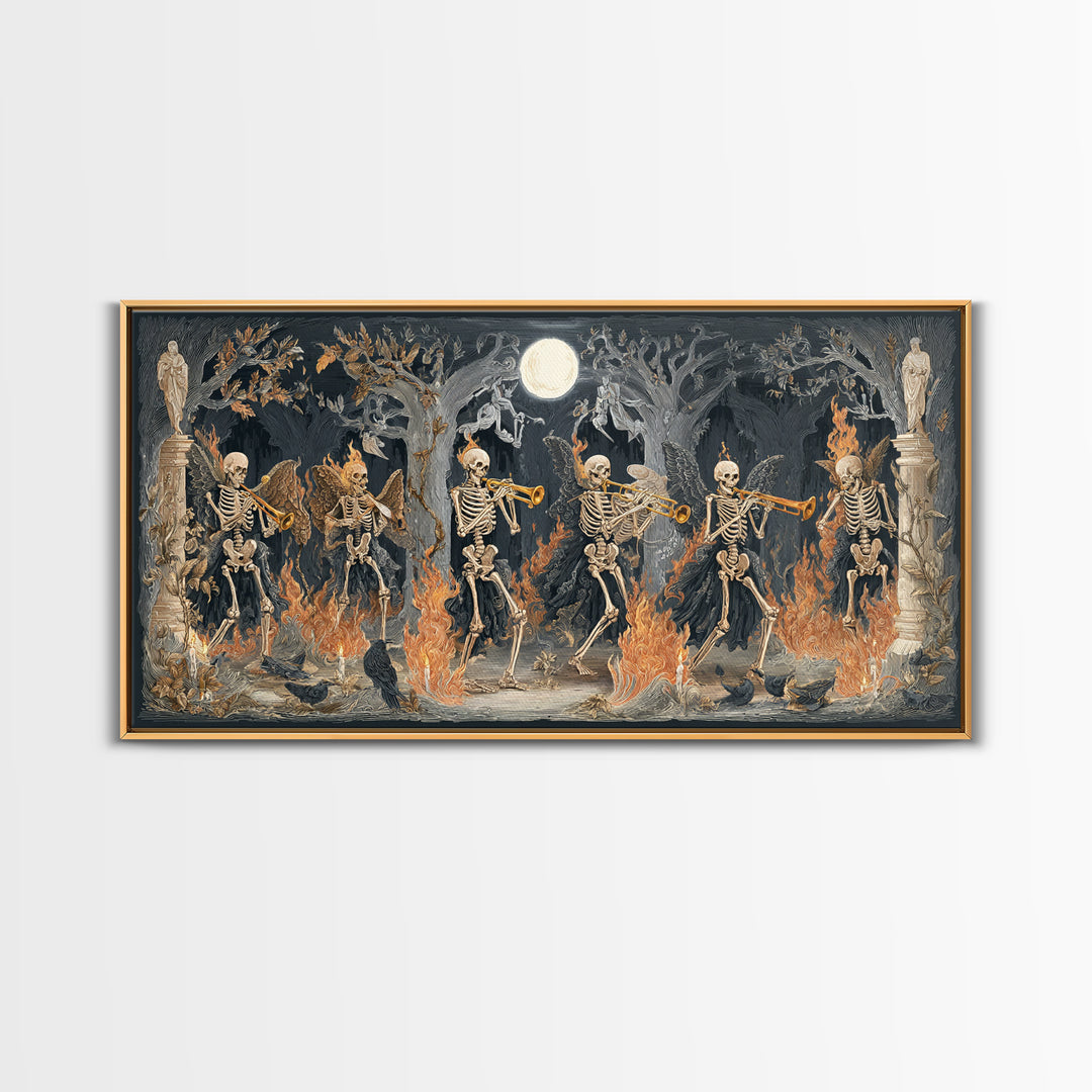 The Skeleton Orchestra, Visionary Gothic Art, Wide Panoramic Art, Dark Halloween Decor, Framed Canvas Print, Halloween Wall Art