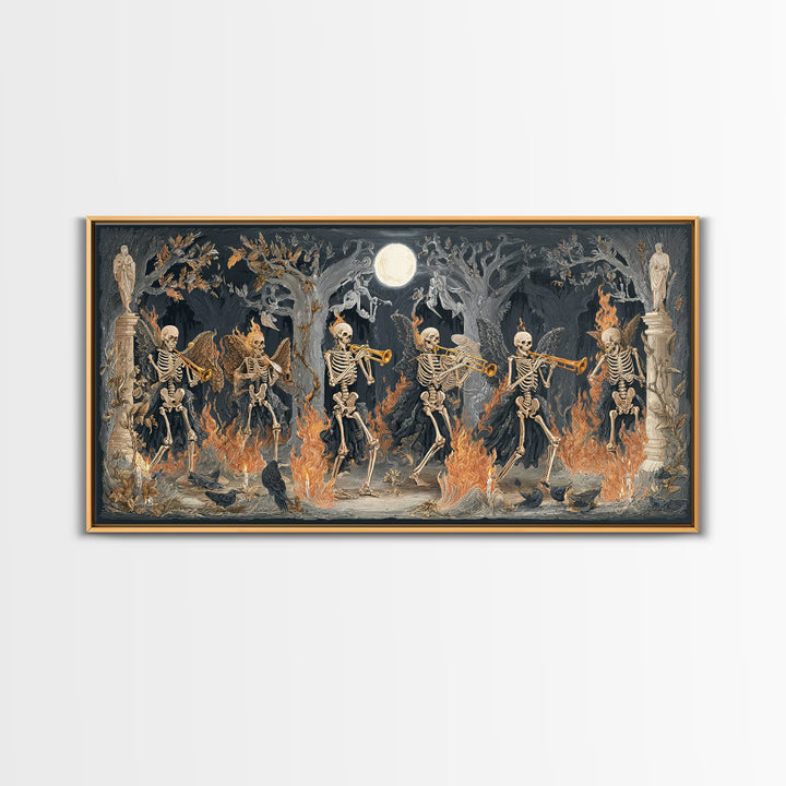 The Skeleton Orchestra, Visionary Gothic Art, Wide Panoramic Art, Dark Halloween Decor, Framed Canvas Print, Halloween Wall Art