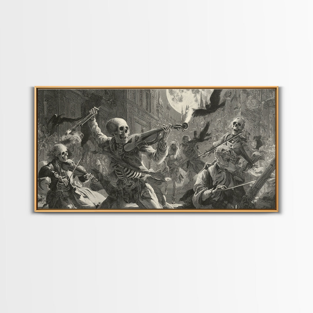 The Skeleton Orchestra, Architectural Etching Art, Wide Panoramic Art, Dark Halloween Decor, Framed Canvas Print