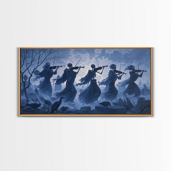 The Skeleton Orchestra, Romantic Gothic Landscape, Wide Panoramic Art, Dark Halloween Decor, Canvas Print, Halloween Wall Art
