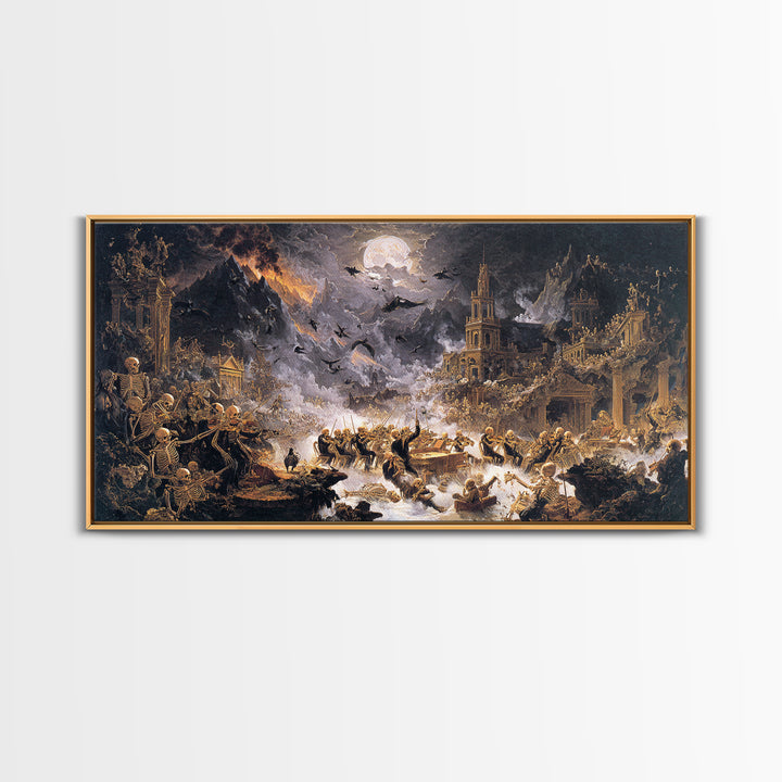 The Skeleton Orchestra, Apocalyptic Romantic Art, Wide Panoramic Art, Gothic Horror Wall Art, Framed Canvas Print, Halloween Wall Art