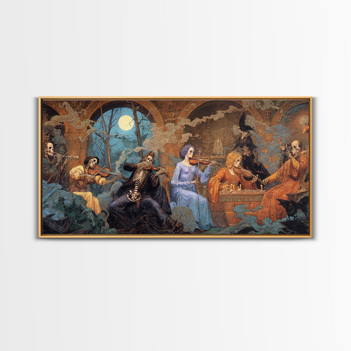 The Skeleton Orchestra, Ornate Symbolist Art, Wide Panoramic Art, Dark Fantasy Wall Art, Canvas Print, Halloween Wall Art