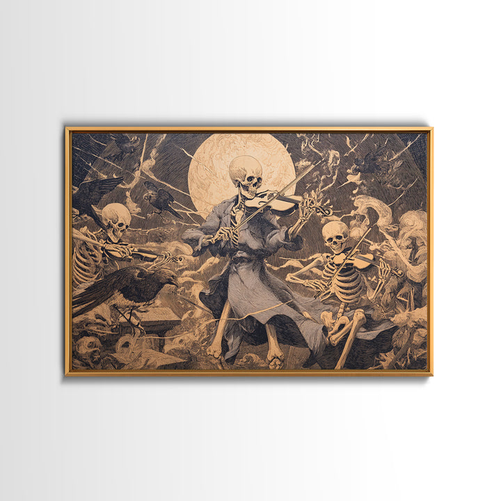 The Skeleton Orchestra, Symbolist Etching Art, Landscape Wall Art, Macabre Wall Art, Framed Canvas Print, Halloween Wall Art
