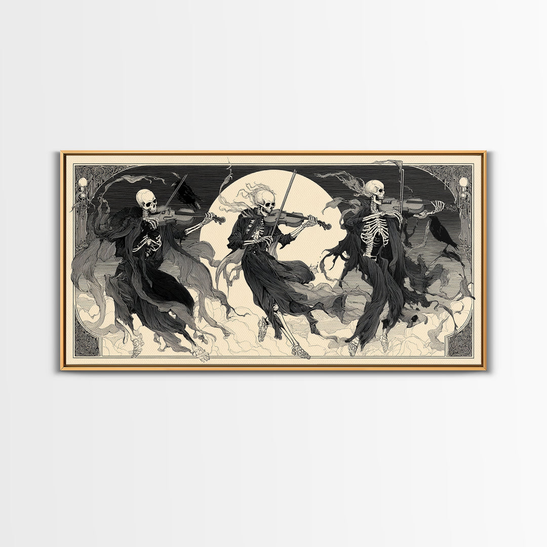The Skeleton Orchestra, Decadent Line Art, Wide Panoramic Art, Gothic Horror Wall Art, Framed Canvas Print, Halloween Wall Art