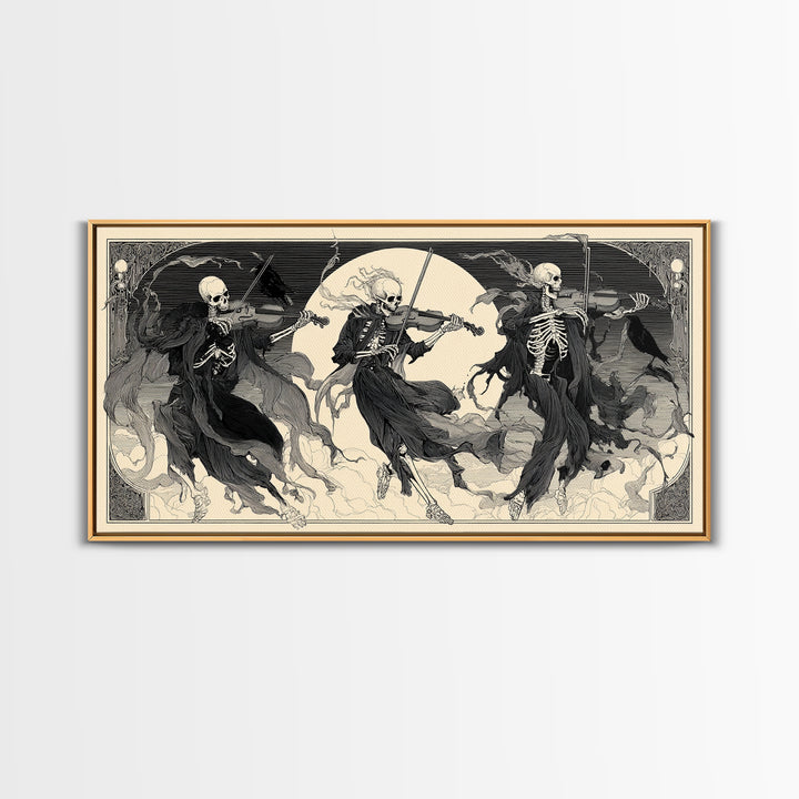 The Skeleton Orchestra, Decadent Line Art, Wide Panoramic Art, Gothic Horror Wall Art, Framed Canvas Print, Halloween Wall Art